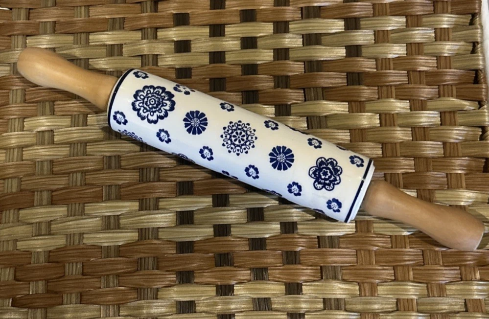 Ceramic Rolling Pin w Blue on White Floral Design / Thick Wood Handles