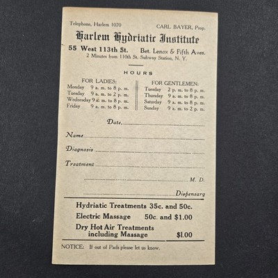 1920s Harlem Hydriatic Institute 55 West 113th Blank Dr Orders, Water Treatments