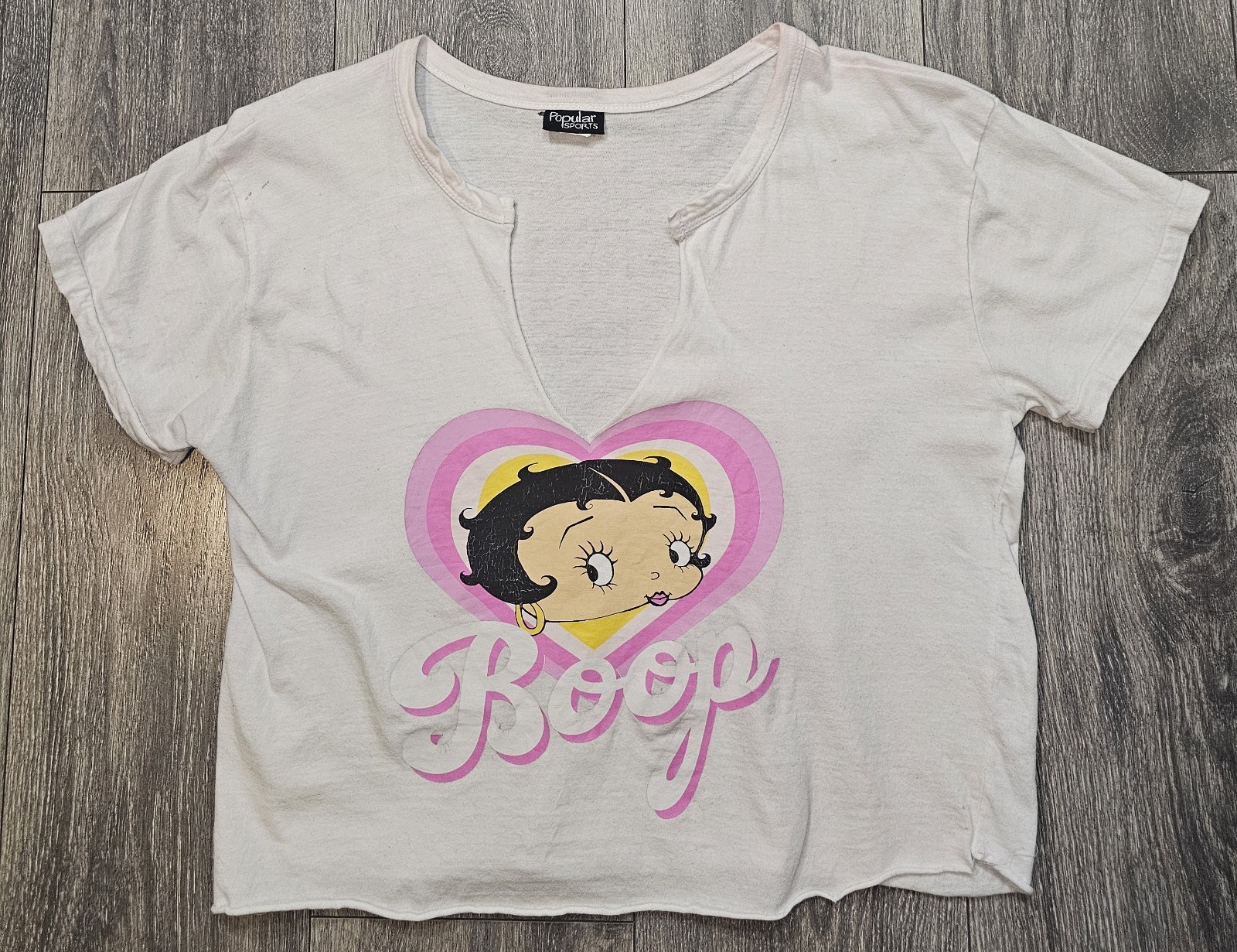 Betty Boop Graphic Print Cropped V Neck T Shirt White Womens Sz L Popular Sports