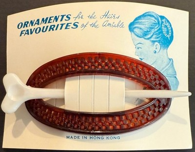 Vintage Fancy Hair Ornament on Display Card White Pin & Hair Clip Dark Amber