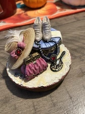 OUR AMERICA CANDLE JAR TOPPER WITH VICTORIAN WOMAN'S PURSE & HAT-SHOES
