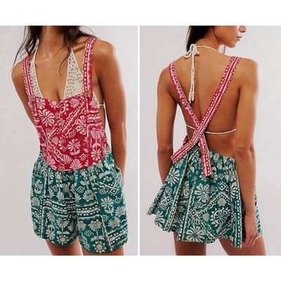 Free People Palm Bay Printed Romper Shortalls Open Back Red Green NWT Size Large