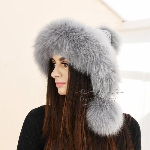 Cashmere Knit Hat With Fox Fur Ball and 