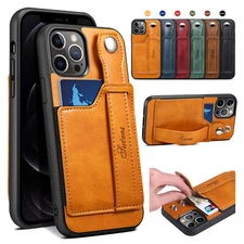 For iPhone 14 13 15 Pro Max 12 PU Leather Wallet Stand Case Cover w/Hand Strap