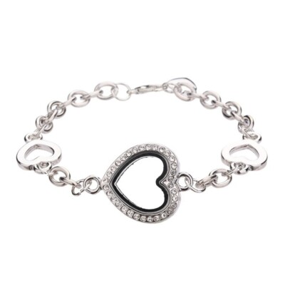 FLOATING Living MEMORY Heart LOCKET BRACELET with Rhinestones SILVER TONE