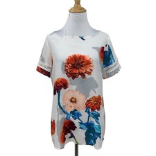 Banana Republic Blouse Womens S Floral Chiffon Crochet Lace Detail Short Sleeve