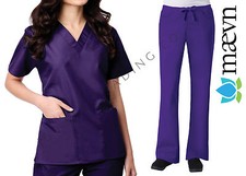 Maevn Women's Purple Scrub Set 2 Pocket Top Flare Leg Pants Sizes 2XS to 2XL