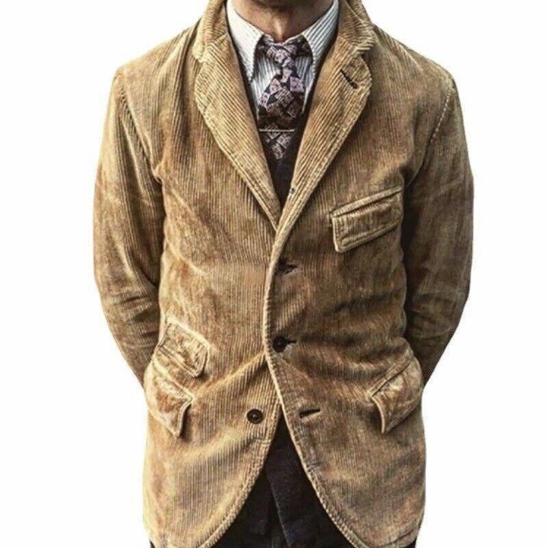 Retro Mens Corduroy Lapel Collar Casual Belted Jacket Coat