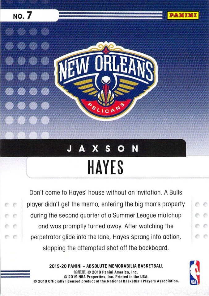 Jaxson Hayes RC 2019-20 Absolute Memorabilia Yellow Rookie Insert Card #7 Pels - Image 2 of 2