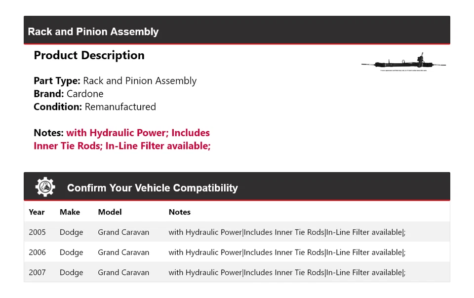 Para Dodge Grand Caravan 2005-2007 montaje de piñón y cremallera Cardone 2006 Foto 2 de 4