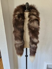 Silver Fox Fur Scarf Boa Wrap Shawl With White Tipped Tails 63" Black Gray