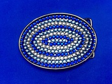 Shades Of Blue And White Rhinestones Circling An Oval Silver Tone Belt Buckle