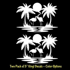 Flamingo Palm Trees Beach 2 PK 5" Vinyl Decal Car Truck Window Wall Door Mirror