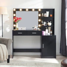 Makeup Vanity Desk with LED Light Mirror Dressing Table w/ 2 Drawers & Cabinet