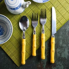 BY THE PIECE 70s Vintage Murval Paris Faux Bamboo Handle Stainless Flatware VG