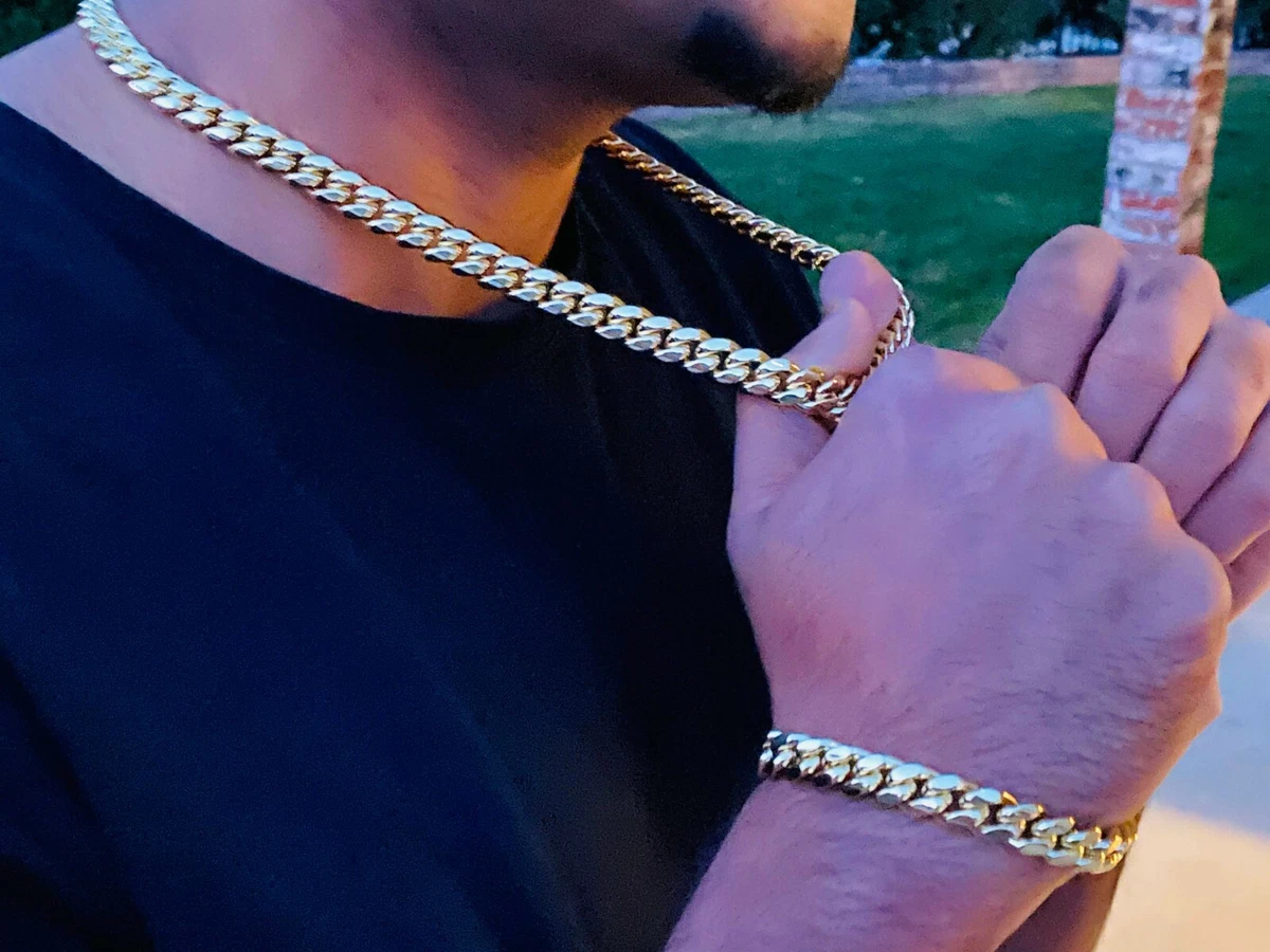Mens 14k Gold Finish Thick Miami Cuban Link Choker 22 inch chain bracelet 10mm