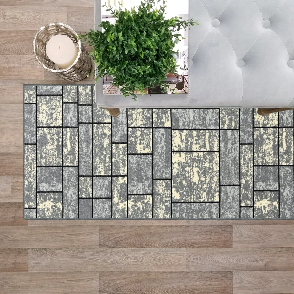 Custom Size Stair Hallway Runner Rug Non Slip Rubber Back Grey Ivory Tiles 3D - Image 2 of 4