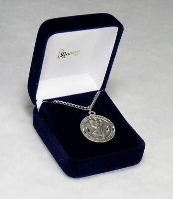 NIB SAINT CHRISTOPHER SILVER PEWTER TONED CIRCULAR PENDANT NECKLACE - 18'' CHAIN