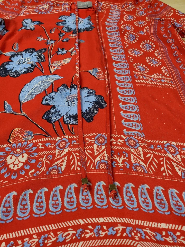 Vestido Campesino Vanessa Virginia Anthropologie Manga Campana Seda Forrado Rojo Talla 0 Foto 3 de 4