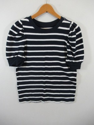 LOFT Puff Sleeve Top Women Small Blue/White Stripe Nautical Preppy Cotton