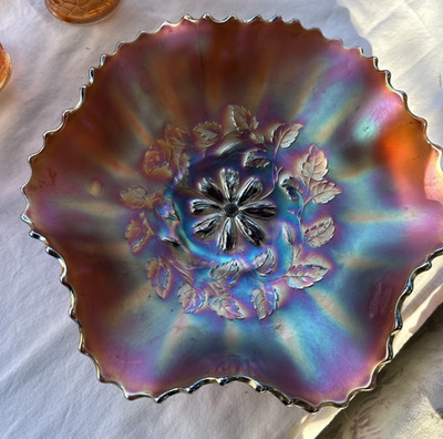 Vintage Dugan Carnival Glass COSMO VARIANT 10'' Ruffled Bowl in AMETHYST
