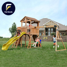 Backyard Discovery Sterling Point Cedar Wood Swing Set with Wave Slide Raised
