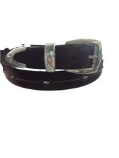 Brighton Brown Men's Belt Leather 44 Western Silver Buckle, Tip, Studs