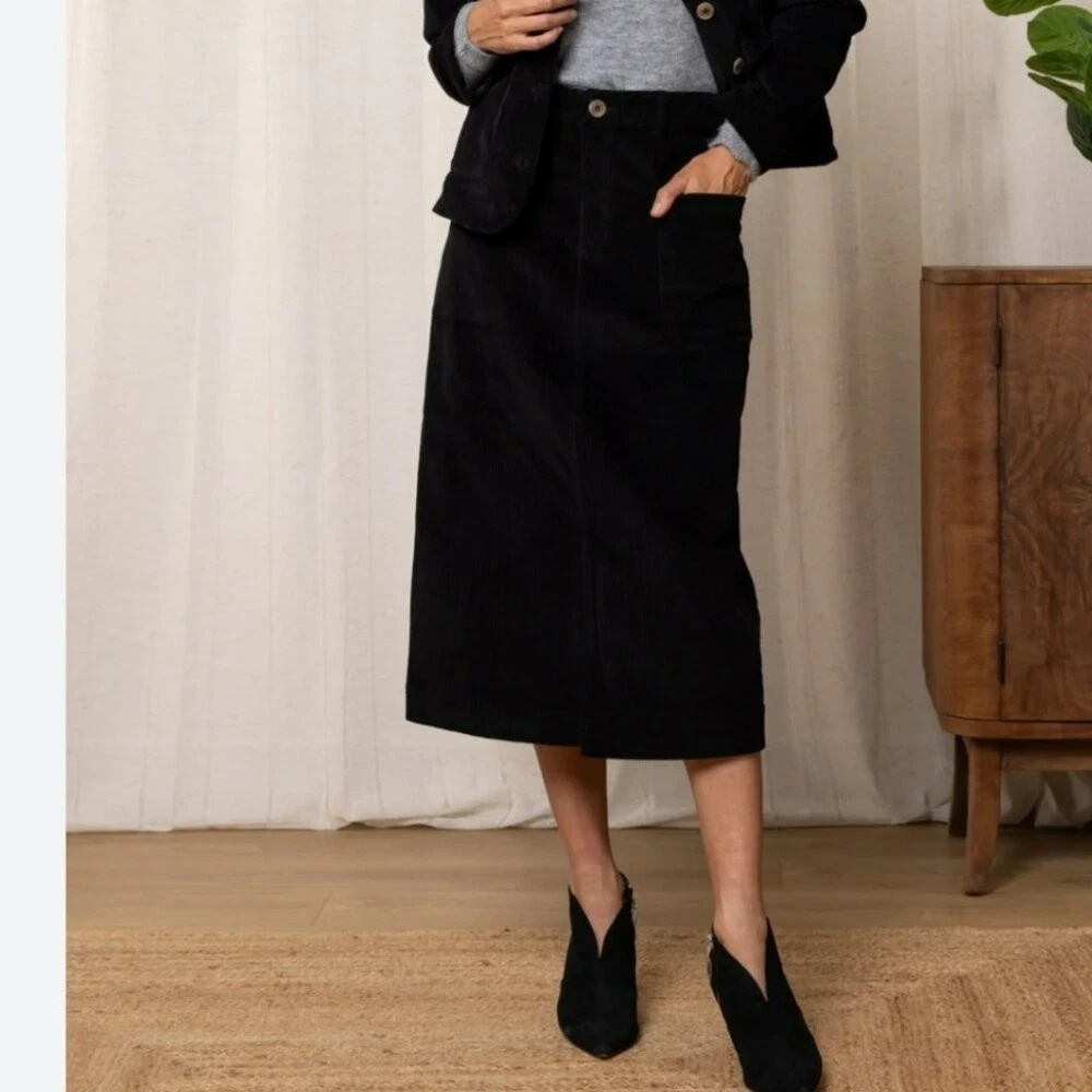 [US14]Contemporaine Black Corduroy Zip Midi A-Line Skirt Pockets