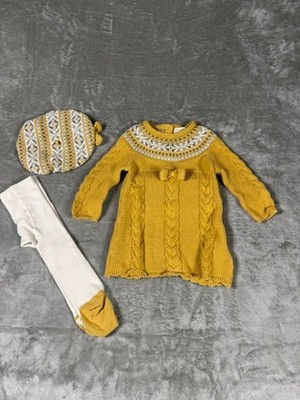 Cynthia Rowley Sweater Dress Girls Size 6-9 Months Beret Hat Tights Set