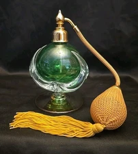 Vintage Lead  Hand Blown Green Perfume/Scent Bottle Atomizer 6"