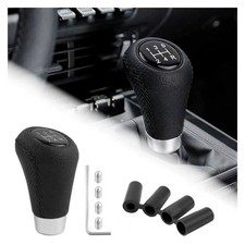 5-speed Manual Car Gear Shift Knob Black Leather Aluminum 4 Adapters Wrench