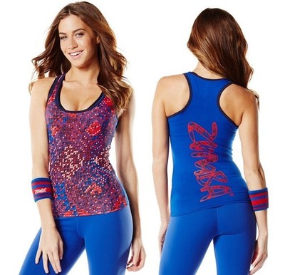 Zumba Tri Me All Over Racerback Tank Top ~ Samba (red & blue) ~ size Small ~New!