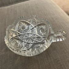Small Cut Glass  Handled Nappy Dish Olives Relish 