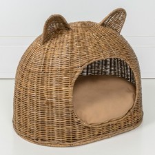 Cat Ear 20" x 14.5" Coastal Handwoven Rattan Cat Bed with Machine-Washable Cushi