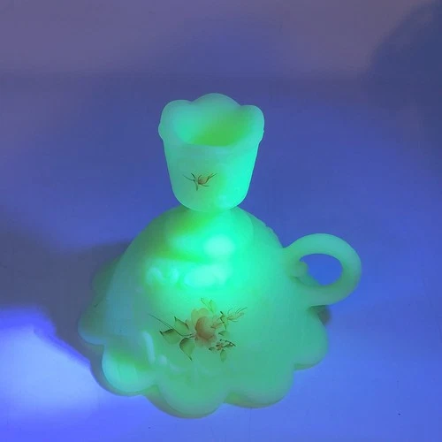 Vtg Fenton Artist Signed Hand Painted Glowing Custard Glass Candlestick Holder