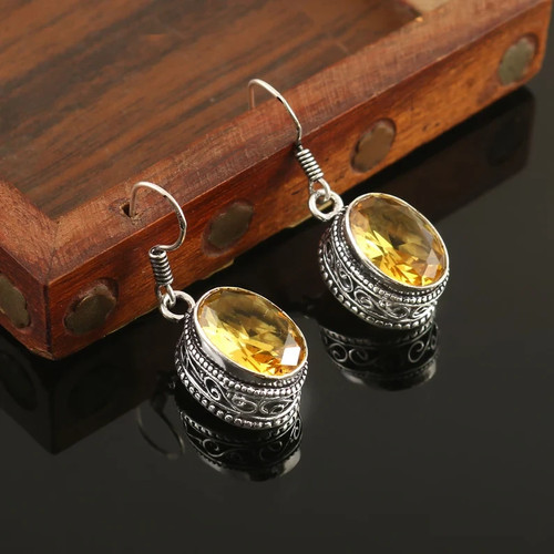Citrine Gemstone 925 Sterling Silver Handmade Vintage Earring For Birthday Gift'