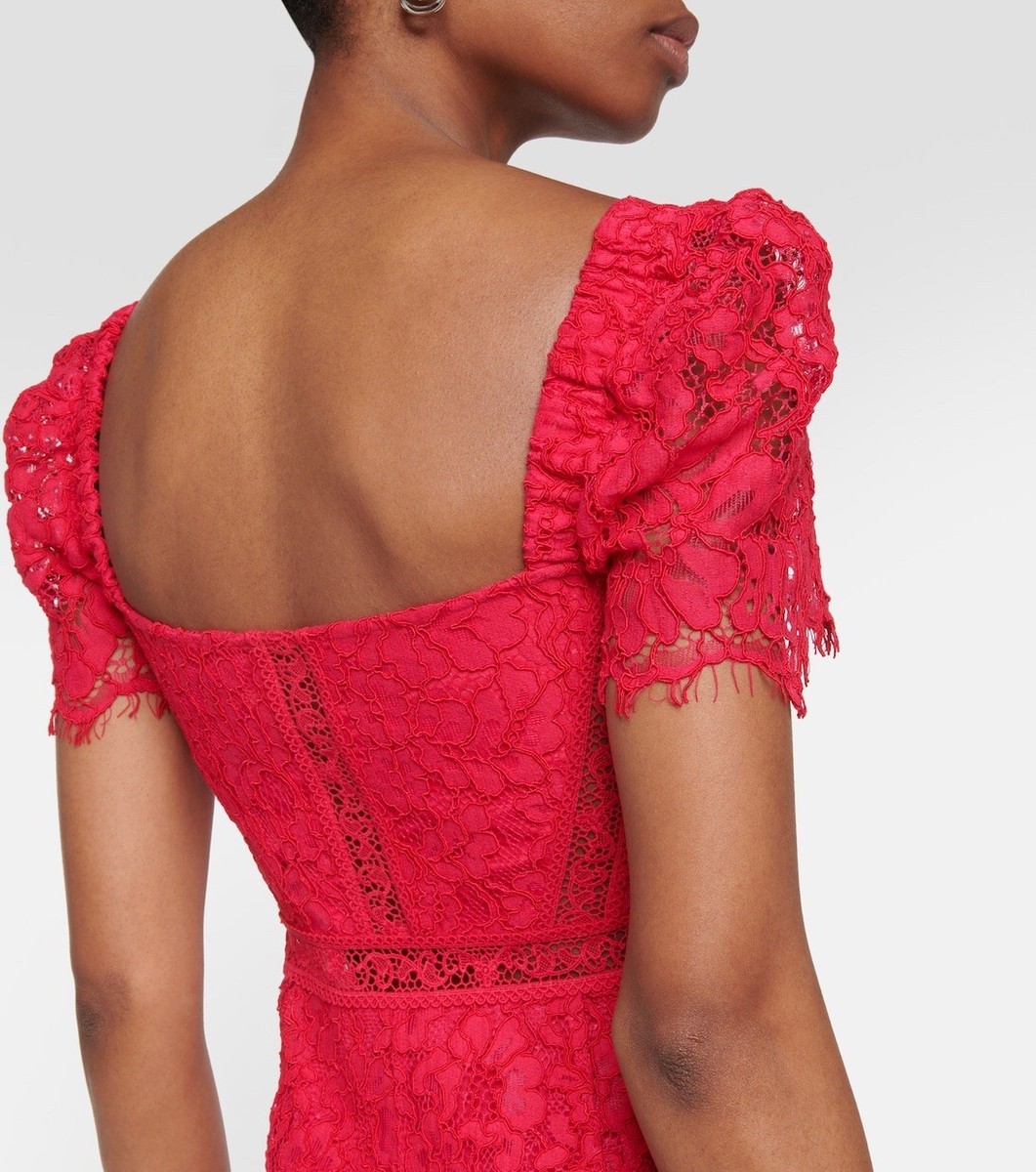 NEW Self-Portrait Red Crepe Lace Midi Dress A-line Short Sleeve