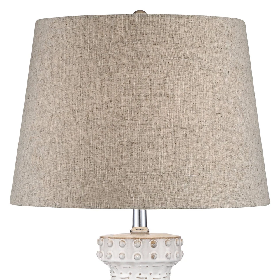 Country Table Lamp with USB Port White Ceramic Tan Drum Shade for Living Room - Image 4 of 4