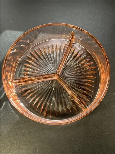 Vintage Pink Depression Glass 6.25” Round Divided Dish 3 Section Nuts Candy
