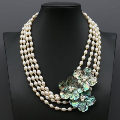 Strands Cultured White Rice Pearl Green Paua Abalone Shell