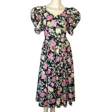 LAURA ASHLEY dress size 8 multicolored floral V neck low V back bow vintage