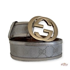 Authentic Gucci Silver Monogram Canvas Leather Interlocking G Buckle Belt 85/34