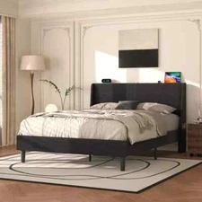Full Queen Size Upholstered Bed Frame Platform with Headboard and Charge Station