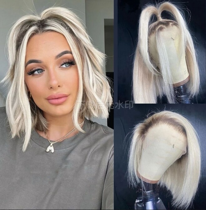 Ombre Ice Platinum Blonde Color Short Bob Remy Human Hair 13x4