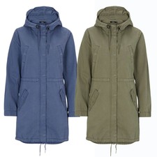 Ellos Parka Jacket Hood Longline Zip Front Cotton Tie Waist Blue Khaki