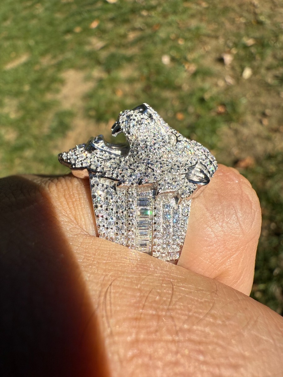 MOISSANITE Mens Large Lion Iced Hip Hop Ring 925 Sterling Silver
