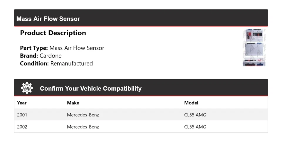 Sensor de fluxo de ar em massa Cardone para 2001-2002 Mercedes-Benz CL55 AMG - Imagem 2 de 4