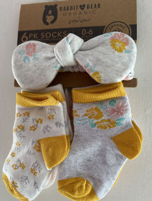 Rabbit & Bear 6 Stück Bio-Untersocken & passendes Haarband ~ 0-6 Monate