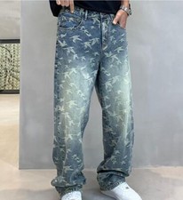Men's Birds Printed Blue Denim Jeans Straight Leg Pants Trousers Casual Hip Hop