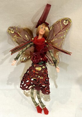 Blond Fairy Doll Fall Ornament Maroon Sparking Dress and Wings 8''
